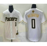 Men's Indiana Pacers #0 Tyrese Haliburton White Gold 2025 Finals Vapor Stitched Baseball Jersey