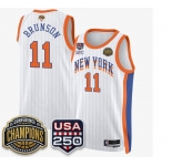 Men's New Yok Knicks  #11 Jalen Brunson White Stripes 2026 Finals Patch &USA 250 Patch Stitched Basketball Jersey