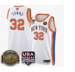 Men's New Yok Knicks  #32 Karl-Anthony White Stripes 2026 Finals Patch &USA 250 Patch Stitched Basketball Jersey