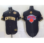 Men's New York Knicks Team Big Logo Black Gold 2026 Finals & Eastern Conference Champions Patch Stitched Baseball Jersey