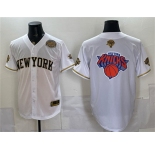 Men's New York Knicks Team Big Logo White Gold 2026 Finals & Eastern Conference Champions Patch Stitched Baseball Jersey