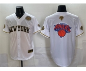 Men's New York Knicks Team Big Logo White Gold 2026 Finals & Eastern Conference Champions Patch Stitched Baseball Jersey