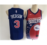 Men's Philadelphia 76ers #3 Allen Iverson Authentic Blue Salute Edition 2021 New Basketball Jersey