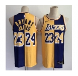 Men's Los Angeles Lakers #23 LeBron James #24 Kobe Brant Purple Gold Split Special Stitched Basketball Jersey