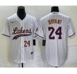 Men's Los Angeles Lakers #24 Kobe Bryant White Pinstripe With Patch Cool Base Stitched Baseball Jersey2