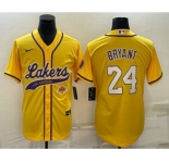 Men's Los Angeles Lakers #24 Kobe Bryant Yellow With Patch Cool Base Stitched Baseball Jerseys