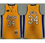 Men's Los Angeles Lakers #34 Shaquille O'neal Yellow Finals Patch 2000-01 Hardwood Classics Soul Swingman Throwback Jersey