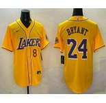 Men's Los Angeles Lakers #8 24 Kobe Bryant Yellow Purple With Patch Cool Base Stitched Baseball Jersey