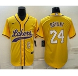 Men's Los Angeles Lakers #8 #24 Kobe Bryant Yellow With Patch Cool Base Stitched Baseball Jersey