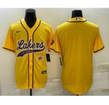 Men's Los Angeles Lakers Blank Yellow With Patch Cool Base Stitched Baseball Jersey