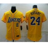 Men's Los Angeles Lakers Front #8 Back #24 Kobe Bryant Yellow Cool Base Stitched Baseball Jersey