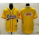 Men's Los Angeles Lakers Yellow Team Big Logo Cool Base Stitched Baseball Jersey