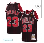Men's Chicago Bulls #23 Michael Jordan 1996-97 Swingman Black Pinstripe Mitchell&Ness Throwback Jersey