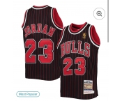 Men's Chicago Bulls #23 Michael Jordan 1996-97 Swingman Black Pinstripe Mitchell&Ness Throwback Jersey