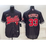 Men's Chicago Bulls #33 Scottie Pippen Black Pinstripe With Patch Cool Base Stitched Baseball Jersey