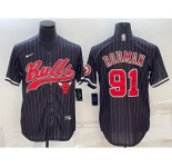 Men's Chicago Bulls #91 Dennis Rodman Black Pinstripe With Patch Cool Base Stitched Baseball Jersey