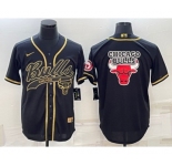 Men's Chicago Bulls Black Gold Team Big Logo With Patch Cool Base Stitched Baseball Jersey