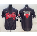 Men's Chicago Bulls Black Pinstripe Team Big Logo With Patch Cool Base Stitched Baseball Jersey