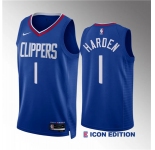 Men's Los Angeles Clippers #1 James Harden Blue Icon Edition Stitched Jersey