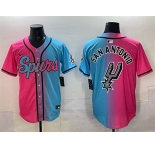 Men's San Antonio Spurs Team Big Logo Pink Blue Limited Stitched Baseball Jersey