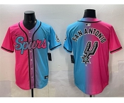 Men's San Antonio Spurs Team Big Logo Pink Blue Limited Stitched Baseball Jersey