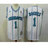 Men's Charlotte Hornets #1 Muggsy Bogues 1992-93 White Hardwood Classics Soul Swingman Throwback Jersey With Adidas
