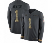 Men's Nike Carolina Panthers #1 Cam Newton Limited Black Salute to Service Therma Long Sleeve NFL Jersey