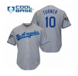 Men's Majestic Los Angeles Dodgers #10 Justin Turner Replica Grey Road Cool Base 2018 World Series MLB Jersey