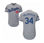 Men's Majestic Los Angeles Dodgers #34 Fernando Valenzuela Grey Road Flex Base Authentic Collection 2018 World Series MLB Jersey