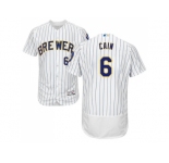 Men Milwaukee Brewers #6 Lorenzo Cain White Strip Flexbase Authentic Collection Stitched MLB Jersey