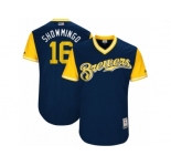 Men's 2017 Little League World Series Brewers Domingo Santana #16 Showmingo Navy Jersey