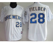 mlb milwaukee brewers #28 fielder white(blue strip)[40th patch]