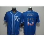Men Kansas City Royals #13 Salvador Perez Blue USA Flag Fashion Cool Base Jersey