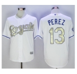 Men Kansas City Royals #13 Salvador Perez Majestic White World Series Champions Gold Program Cool Base Player Jersey