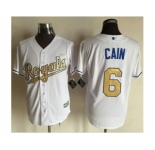 Men Kansas City Royals #6 Lorenzo Cain Majestic White 2015 World Series Champions Gold Program Cool Base Jersey