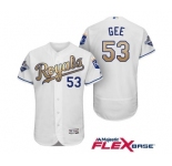 Men's Majestic Kansas City Royals #53 Dillon Gee Authentic White 2015 World Series Champions Gold Program FlexBase MLB Jersey