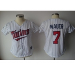 MLB Women Jerseys Minnesota Twins #7 Mauer White[blue strip]