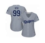 Women Majestic Los Angeles Dodgers #99 Hyun-Jin Ryu Replica Grey Road 2017 World Series Bound Cool Base MLB Jersey