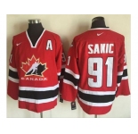 Team CA. #91 Joe Sakic Red Black 2002 Olympic Nike Throwback Stitched NHL Jersey