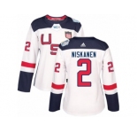 Women's Adidas Team USA #2 Matt Niskanen Authentic White Home 2016 World Cup Hockey Jersey