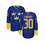 Men's Adidas Team Sweden #30 Henrik Lundqvist Premier Royal Blue Away 2016 World Cup of Hockey Jersey