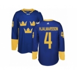 Men's Adidas Team Sweden #4 Niklas Hjalmarsson Premier Royal Blue Away 2016 World Cup of Hockey Jersey