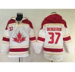 Team CA. #37 Patrice Bergeron White Sawyer Hooded Sweatshirt 2016 World Cup Stitched NHL Jersey