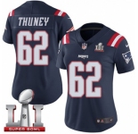 Women's Nike New England Patriots #62 Joe Thuney Limited Navy Blue Rush Super Bowl LI 51 NFL Jersey