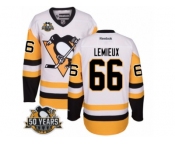 Men's Reebok Pittsburgh Penguins #66 Mario Lemieux Authentic White Away 50th Anniversary Patch NHL Jersey