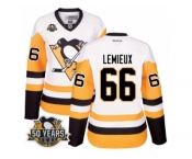 Women's Reebok Pittsburgh Penguins #66 Mario Lemieux Authentic White Away 50th Anniversary Patch NHL Jersey