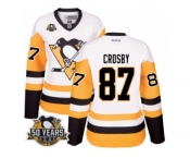 Women's Reebok Pittsburgh Penguins #87 Sidney Crosby Authentic White Away 50th Anniversary Patch NHL Jersey