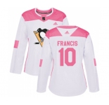 Women Adidas Pittsburgh Penguins #10 Ron Francis Authentic White Pink Fashion NHL Jersey