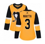 Women Adidas Pittsburgh Penguins #3 Olli Maatta Authentic Gold Alternate NHL Jersey