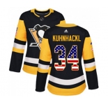 Women Adidas Pittsburgh Penguins #34 Tom Kuhnhackl Authentic Black USA Flag Fashion NHL Jersey